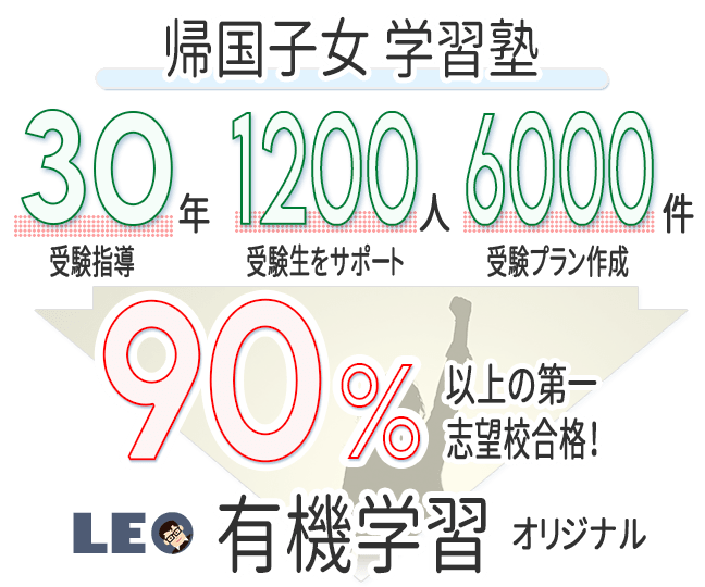 LEO 帰国子女 学習塾 30年以上の受験指導 1200人の受験生をサポート 6000件の受験プラン作成 90%以上の第一志望校合格! オリジナル 有機学習 LEO 帰国子女 学習塾 30年以上の受験指導 1200人の受験生をサポート 6000件の受験プラン作成 90%以上の第一志望校合格! オリジナル 有機学習